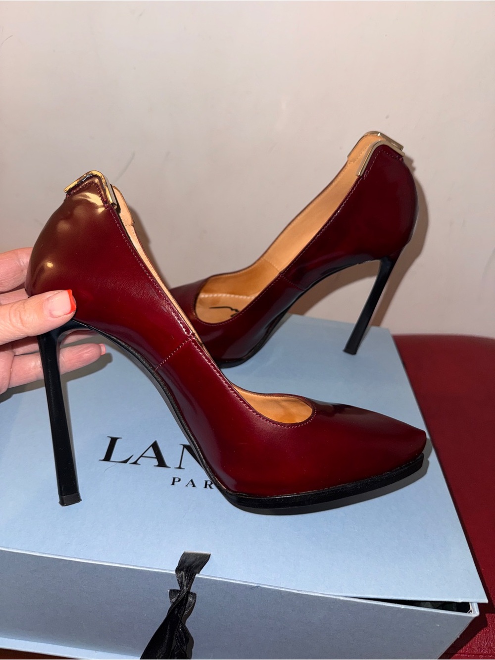 Lanvin Wine Red Patent Leather Pointed Pumps with Gold Heel Tab - Picture 2 of 8